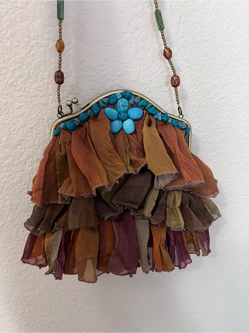Mary Frances Multicolor Ruffled Beaded Clutch with Turquoise Accents
